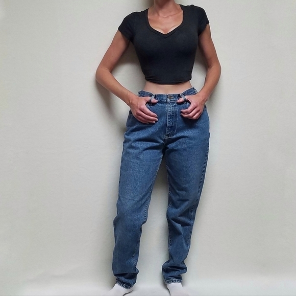 VINTAGE 90s Lee Mid Wash Distressed Stone Wash High Rise Jeans 12 Long - Picture 2 of 13